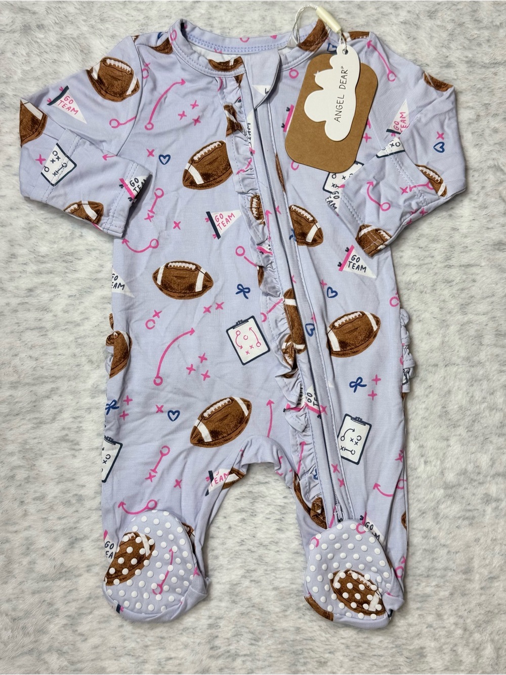 NWT Angel Dear Football Bamboo Ruffle Zip Footie Newborn Baby Girl Game Day